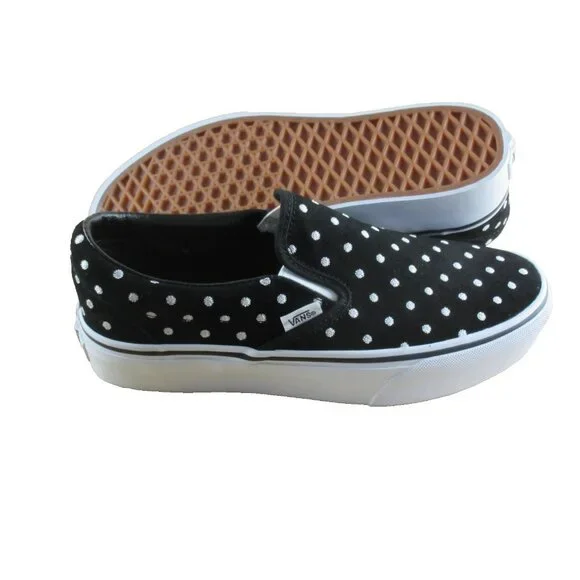 Vans Women's Classic Slip On Platform Suede Polka Dot Shoes Black White Sizes - Picture 2 of 7